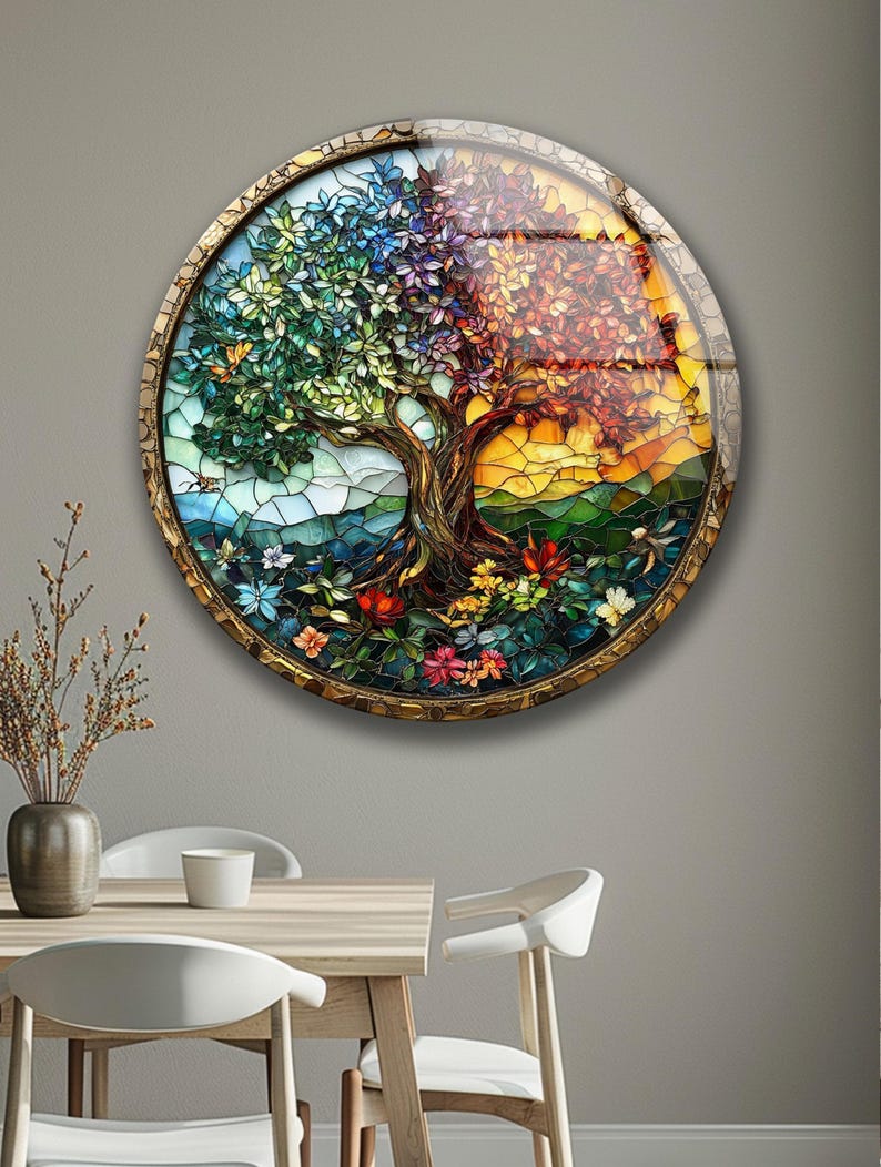 Tree of Life Tempered Glass Wall Art Colorful Stained Glass Nature Decor Gift