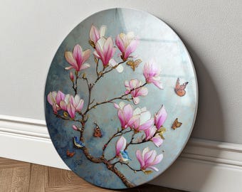 Cuadro decorativo de pared de magnolia rosa en vidrio templado con motivos botánicos de pájaros, mariposas y flores.