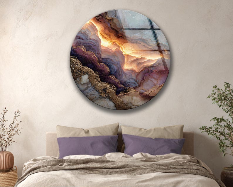 Abstract Marble Glass Wall Art Round Gold Vein Modern Wall Decor