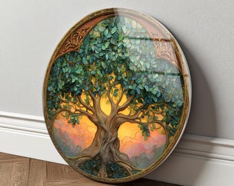 Albero della Vita, decorazione murale in vetro rotonda con design al tramonto, arredamento spirituale, regalo per una casa accogliente.