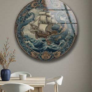 Vintage Ship Wall Art Glass Nautical Kraken Sea Monster Ocean Decor Gift