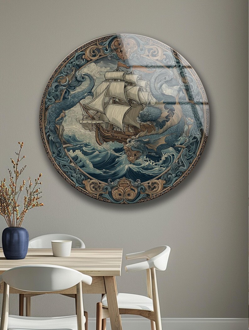 Vintage Ship Wall Art Glass Nautical Kraken Sea Monster Ocean Decor Gift