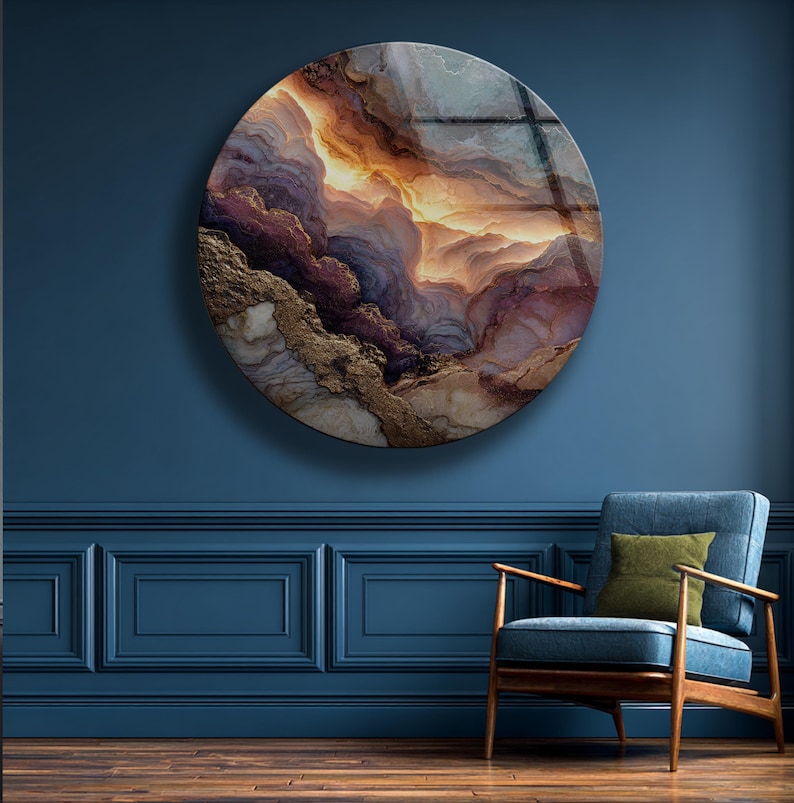 Abstract Marble Glass Wall Art Round Gold Vein Modern Wall Decor
