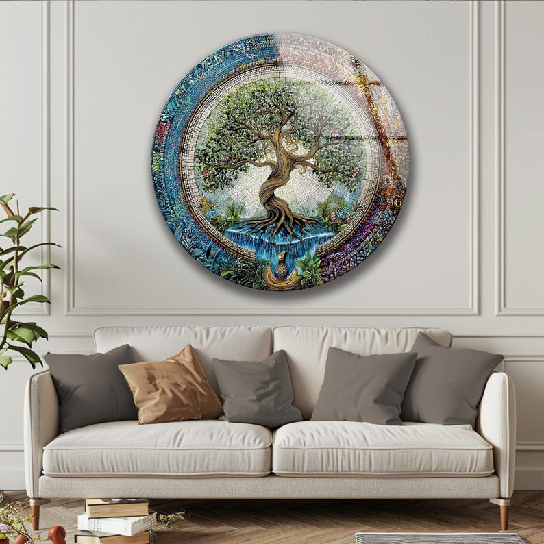 Tree of Life Tempered Glass Wall Art – Round Rustic Spiritual Nature ...