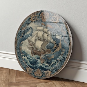 Vintage Ship Wall Art Glass Nautical Kraken Sea Monster Ocean Decor Gift