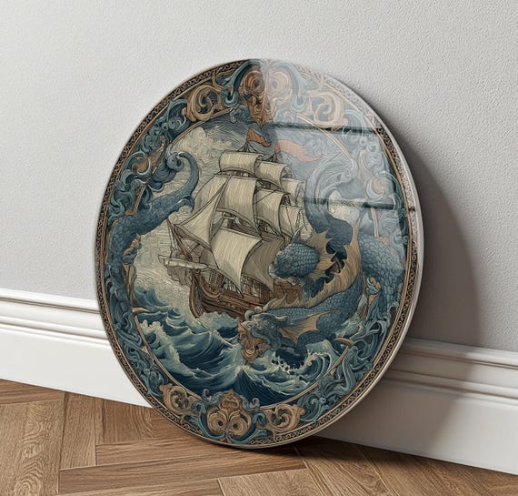 Kraken Nautical Wall Art Glass, Ocean Blue 4mm Tempered Print