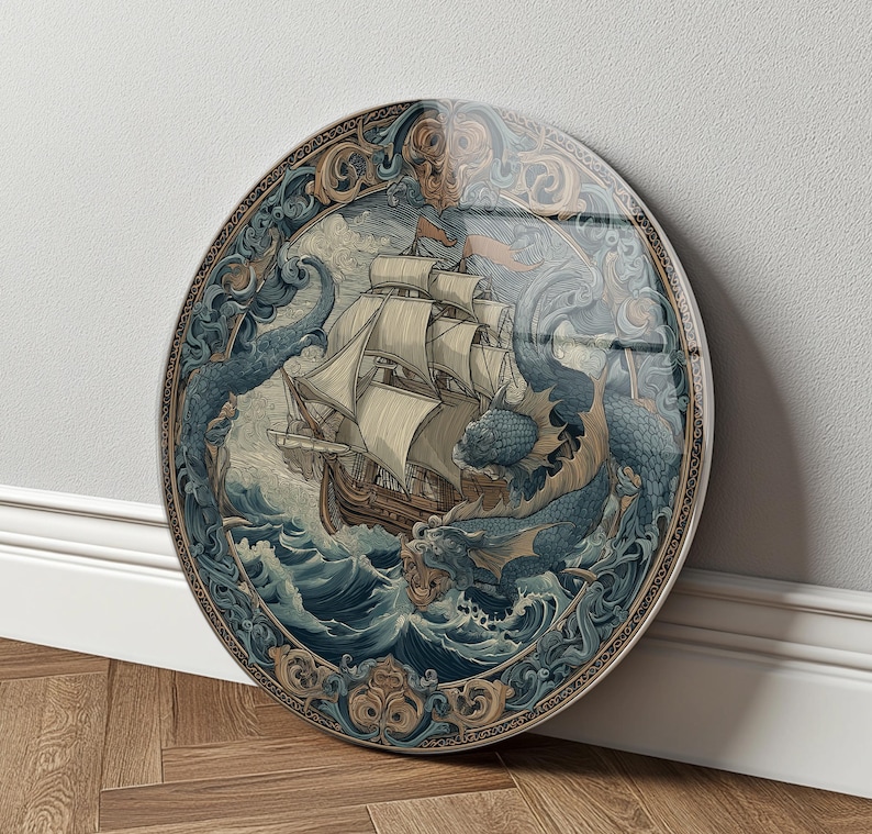 Vintage Ship Wall Art Glass Nautical Kraken Sea Monster Ocean Decor Gift