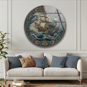 Vintage Ship Wall Art Glass Nautical Kraken Sea Monster Ocean Decor Gift