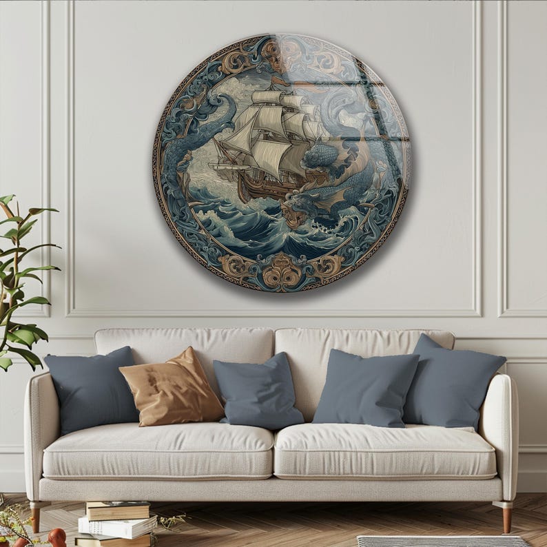 Vintage Ship Wall Art Glass Nautical Kraken Sea Monster Ocean Decor Gift