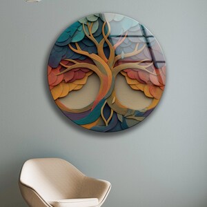 Infinity Tree Glass Wall Decor, Abstract Round Art, Colorful Modern Nature Design