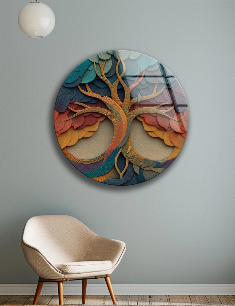 Infinity Tree Glass Wall Decor, Abstract Round Art, Colorful Modern Nature Design