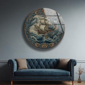 Vintage Ship Wall Art Glass Nautical Kraken Sea Monster Ocean Decor Gift