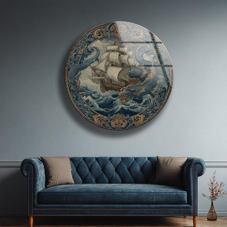 Vintage Ship Wall Art Glass Nautical Kraken Sea Monster Ocean Decor Gift