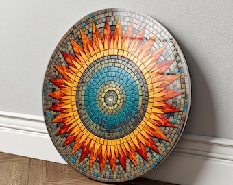 Sunburst Mosaic Glass Wall Art, Mandala Round Decor, Colorful Boho Geometric Wall Piece