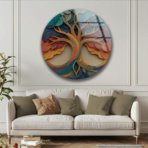 Infinity Tree Glass Wall Decor, Abstract Round Art, Colorful Modern Nature Design
