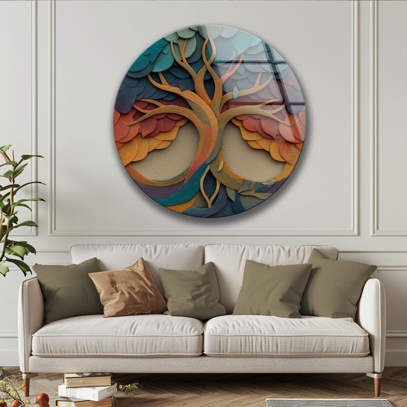 Infinity Tree Glass Wall Decor, Abstract Round Art, Colorful Modern Nature Design