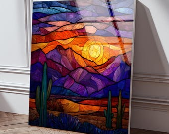 Desert Sunset Stained Glass Wall Art Colorful Southwest Decor