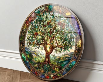 Baum des Lebens Wandkunst aus gehärtetem Glas - Rundes rustikales Wohndekor, spirituelle Natur Wandbehang, UV-Druck auf Glas