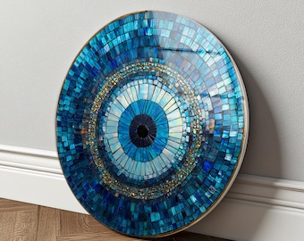 Evil Eye Decor, Round Nazar Wall Art, Blue Mosaic Tempered Glass Print
