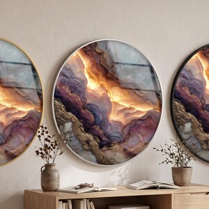 Round Glass Wall Art, Abstract Marble Design, Gold Vein Accent