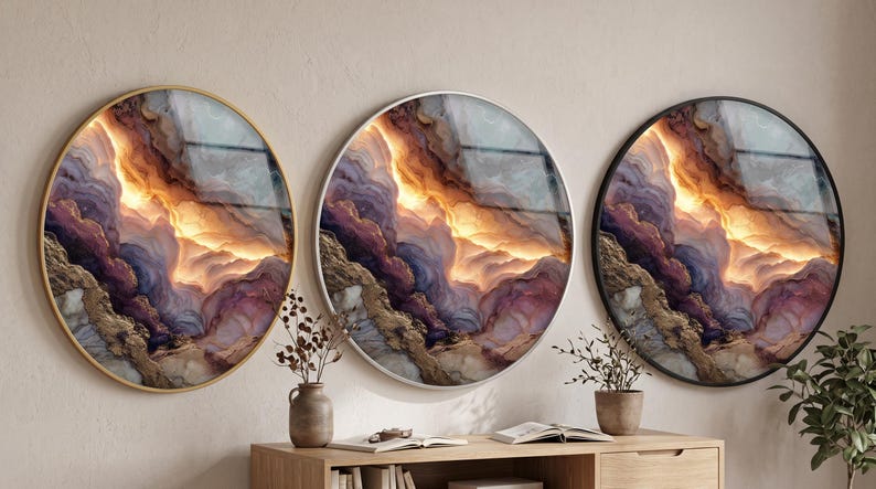 Round Glass Wall Art, Abstract Marble Design, Gold Vein Accent