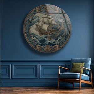 Vintage Ship Wall Art Glass Nautical Kraken Sea Monster Ocean Decor Gift