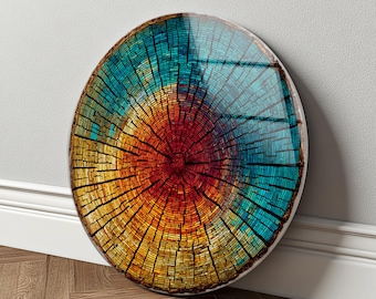 Tempered Glass Tree Ring Wall Art, Abstract Wood Slice Decor, Teal Orange Circular Hanging