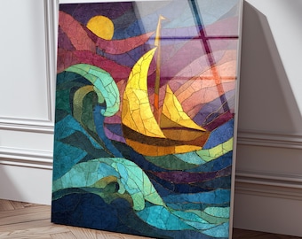 Stained Glass Sailboat Tempered Glass Wall Art, Mosaic Ocean Wave Wall Decor, Nautical Sunset Sea Landscape, Coastal Housewarming Gift