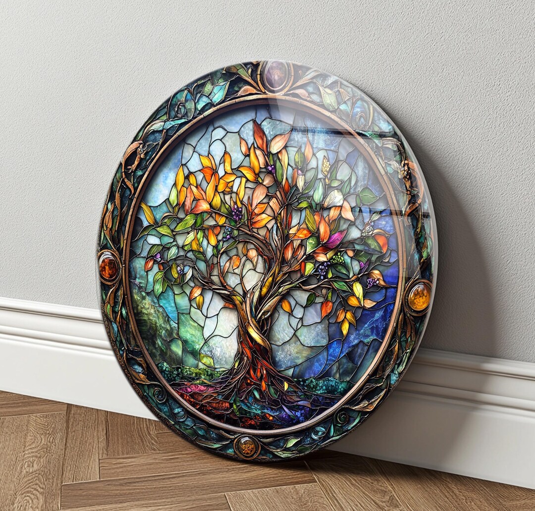 Stained Style Tree of Life Tempered Glass Wall Art: Round Home Decor ...