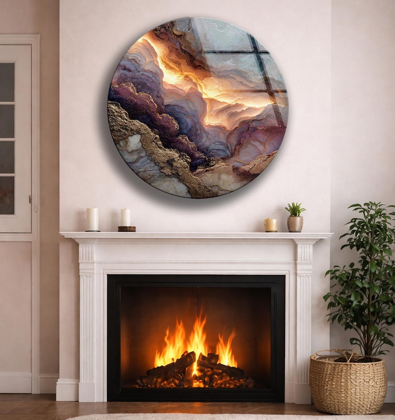 Abstract Marble Glass Wall Art Round Gold Vein Modern Wall Decor