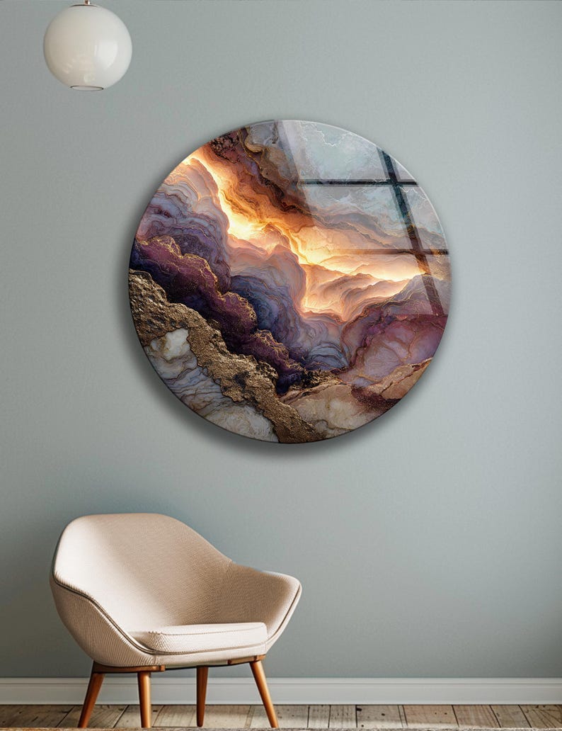 Abstract Marble Glass Wall Art Round Gold Vein Modern Wall Decor