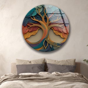 Infinity Tree Glass Wall Decor, Abstract Round Art, Colorful Modern Nature Design