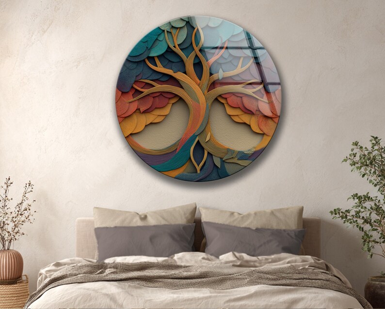 Infinity Tree Glass Wall Decor, Abstract Round Art, Colorful Modern Nature Design