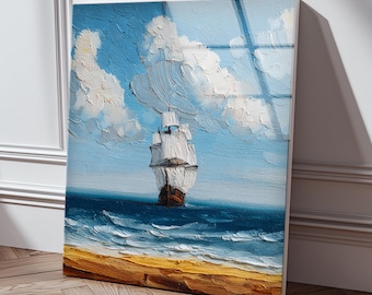 Sailing Ship Wall Art Glass Ocean Seascape Coastal Vintage Boat Decor Gift
