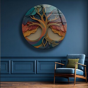 Infinity Tree Glass Wall Decor, Abstract Round Art, Colorful Modern Nature Design