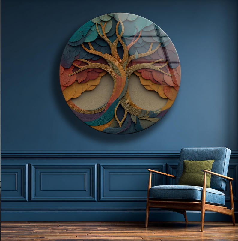 Infinity Tree Glass Wall Decor, Abstract Round Art, Colorful Modern Nature Design