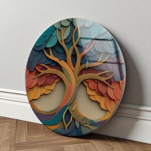 Infinity Tree Glass Wall Decor, Abstract Round Art, Colorful Modern Nature Design