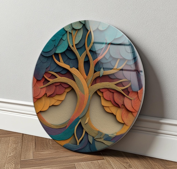 Infinity Tree Glass Wall Decor, Abstract Round Art, Colorful Modern Nature Design