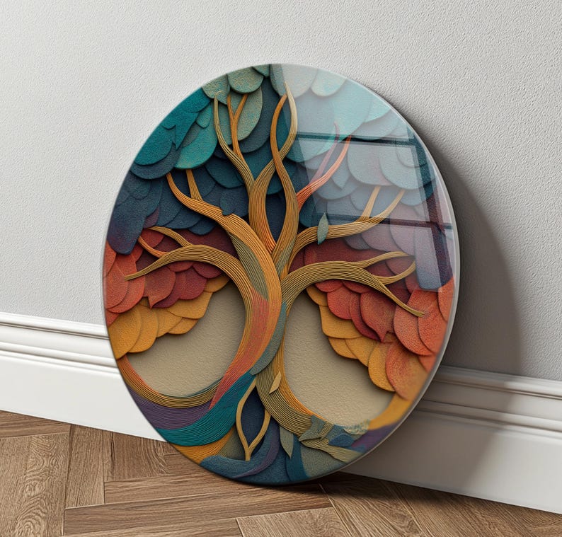 Infinity Tree Glass Wall Decor, Abstract Round Art, Colorful Modern Nature Design