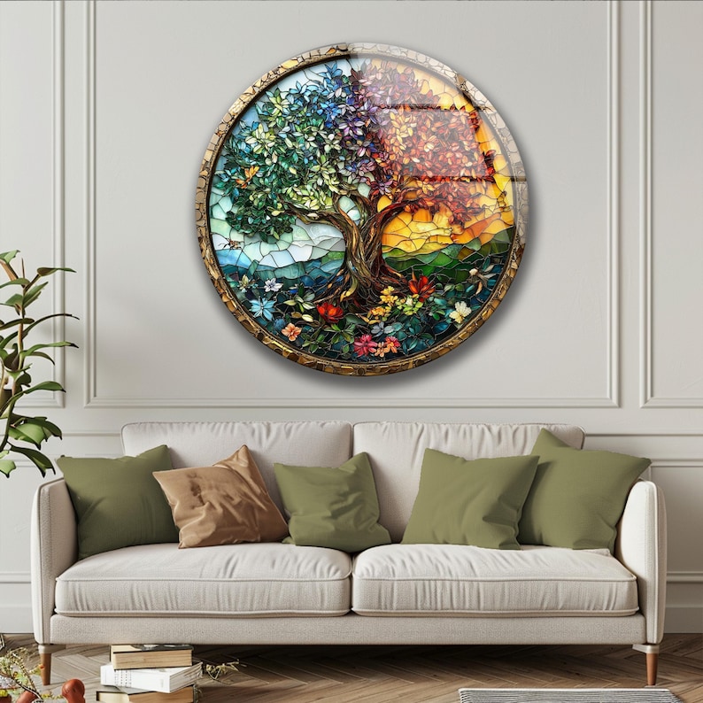 Tree of Life Tempered Glass Wall Art Colorful Stained Glass Nature Decor Gift