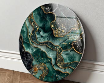 Rund väggkonst i härdat glas, smaragdgeod Kintsugi-dekor, lyxigt abstrakt guldtryck