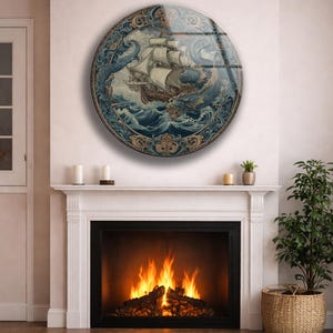 Vintage Ship Wall Art Glass Nautical Kraken Sea Monster Ocean Decor Gift
