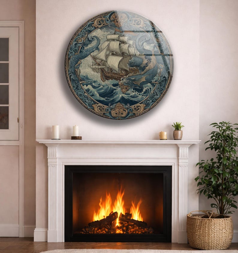 Vintage Ship Wall Art Glass Nautical Kraken Sea Monster Ocean Decor Gift