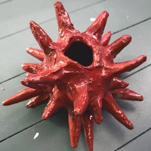 Miska z jeżowcem morskim z czerwonymi kolcami – ręcznie rzeźbione naczynie z brązowej gliny