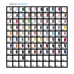 May include: A grid of solid color nail polish swatches, each labeled with a number. The colors range from light pastels to deep jewel tones, including shades of pink, blue, green, and red. The text "SOLID COLORS" is at the top.