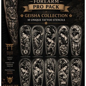 Japanese Blackwork Forearm Tattoo Stencils/ Geisha Collection/ 10 Unique Tattoo Designs/ Printable PDF/ Pro Pack/ Instant Download