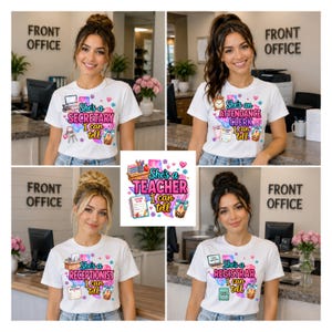 May include: A white t-shirt featuring a colorful graphic print with a pink Texas-shaped background, hearts, flowers, and a boba tea illustration. The text reads She's a Secretary, Attendance Clerk, Teacher, or Registrar I can tell, depending on the specific design variant shown.