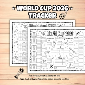 Può includere: Un grafico di monitoraggio stampabile in bianco e nero per la Coppa del Mondo 2026, con elenchi delle partite della fase a gironi, un tabellone per le fasi a eliminazione diretta e varie illustrazioni a tema calcistico.