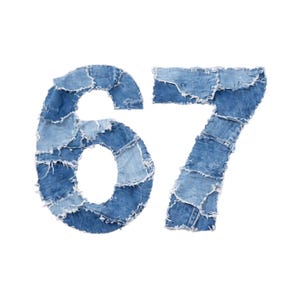 May include: The number 67, constructed from denim patches in different shades of blue, is set against a plain white backdrop. The patchwork design gives a textured, handcrafted appearance to the numerals.