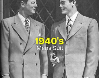 May include: Black and white image of two men in 1940s suits. The suits are light-colored with wide lapels and classic cuts. The text "1940's Mens Suit" is in yellow. The men are wearing patterned ties and white dress shirts.